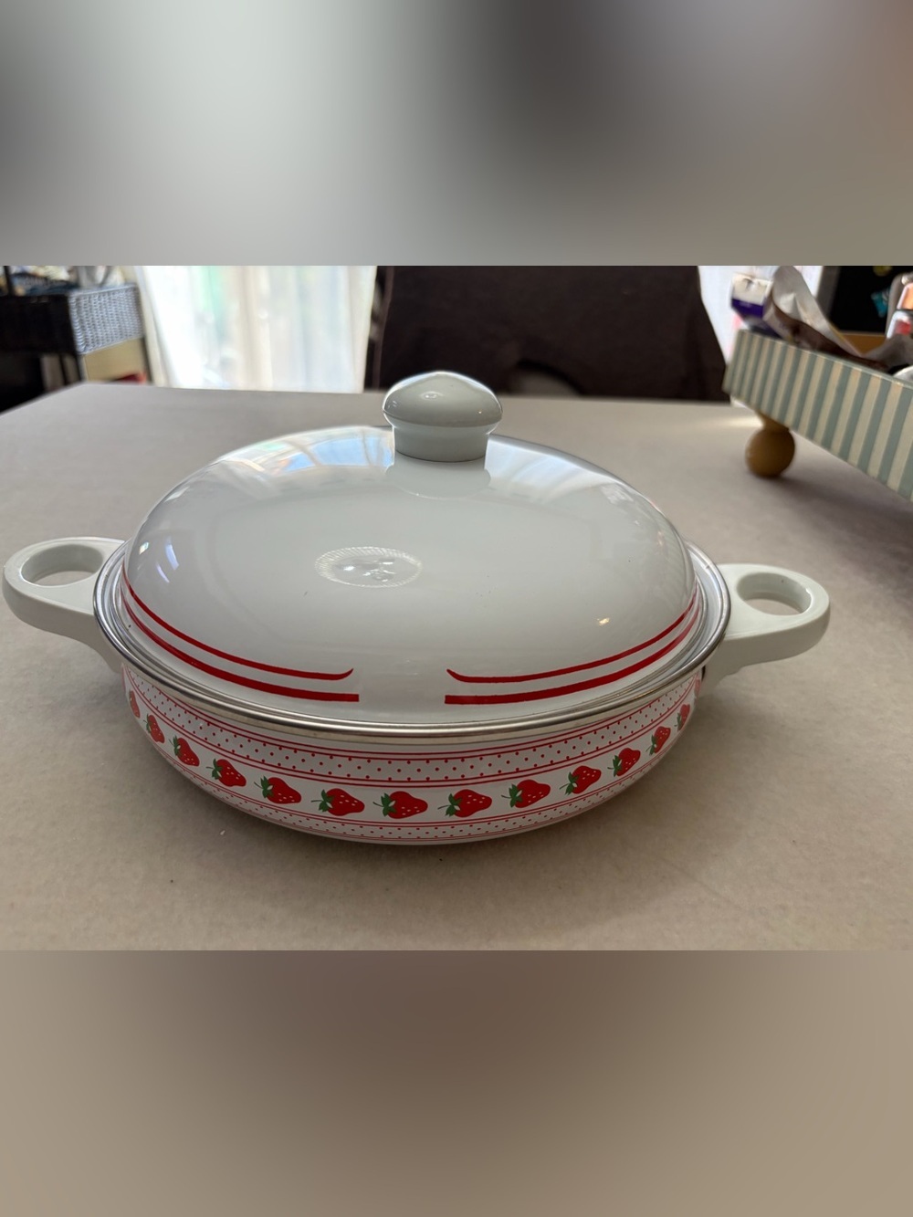 White Enamel Covered Casserole with Red Strawberry Motif